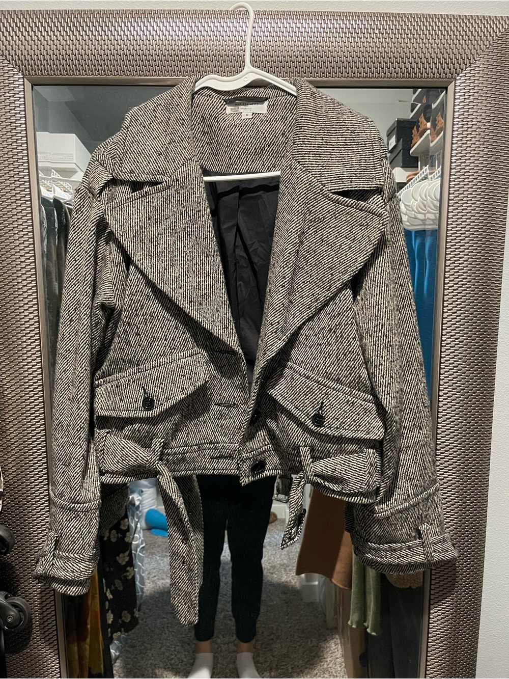 Marissa Webb Black & White Cropped Tweed Pea Coat